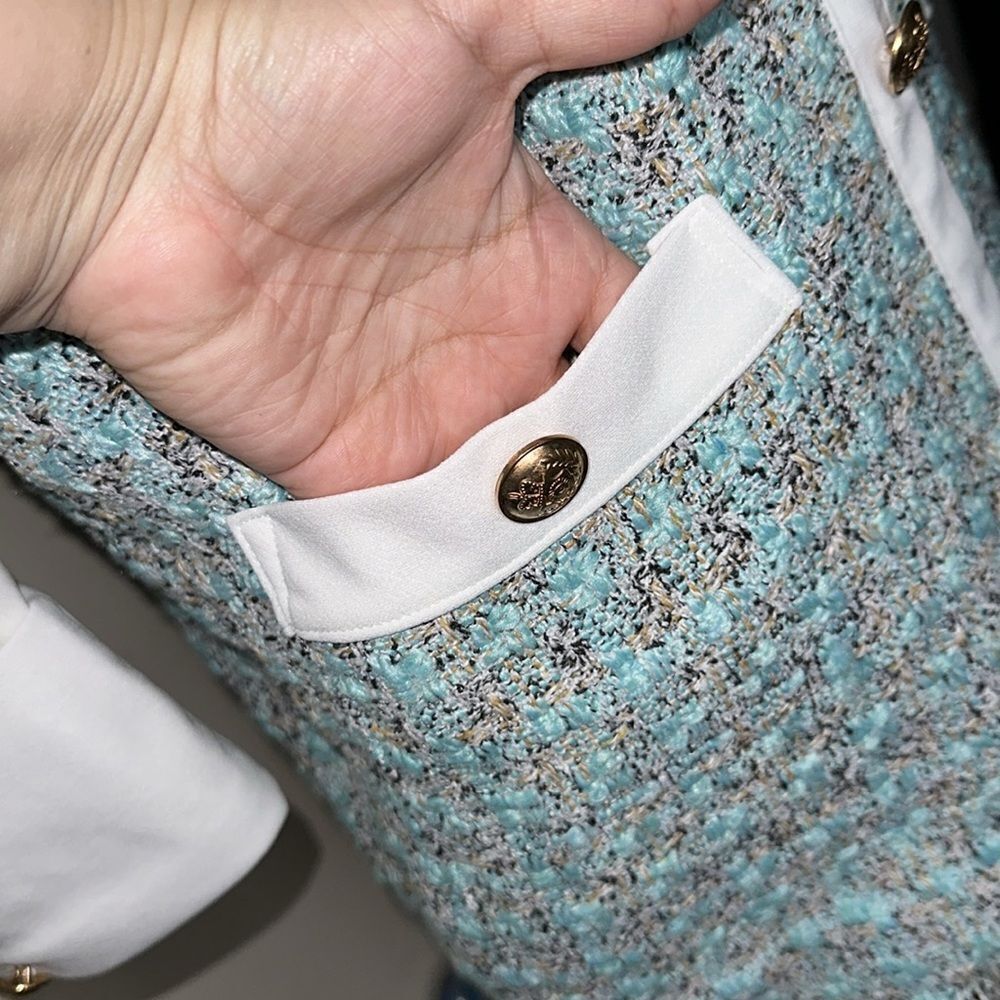 Jenifer Elegant White Tiffany Blue Boucle Tweed Long Sleeve Mini Dress - Picture 9 of 16
